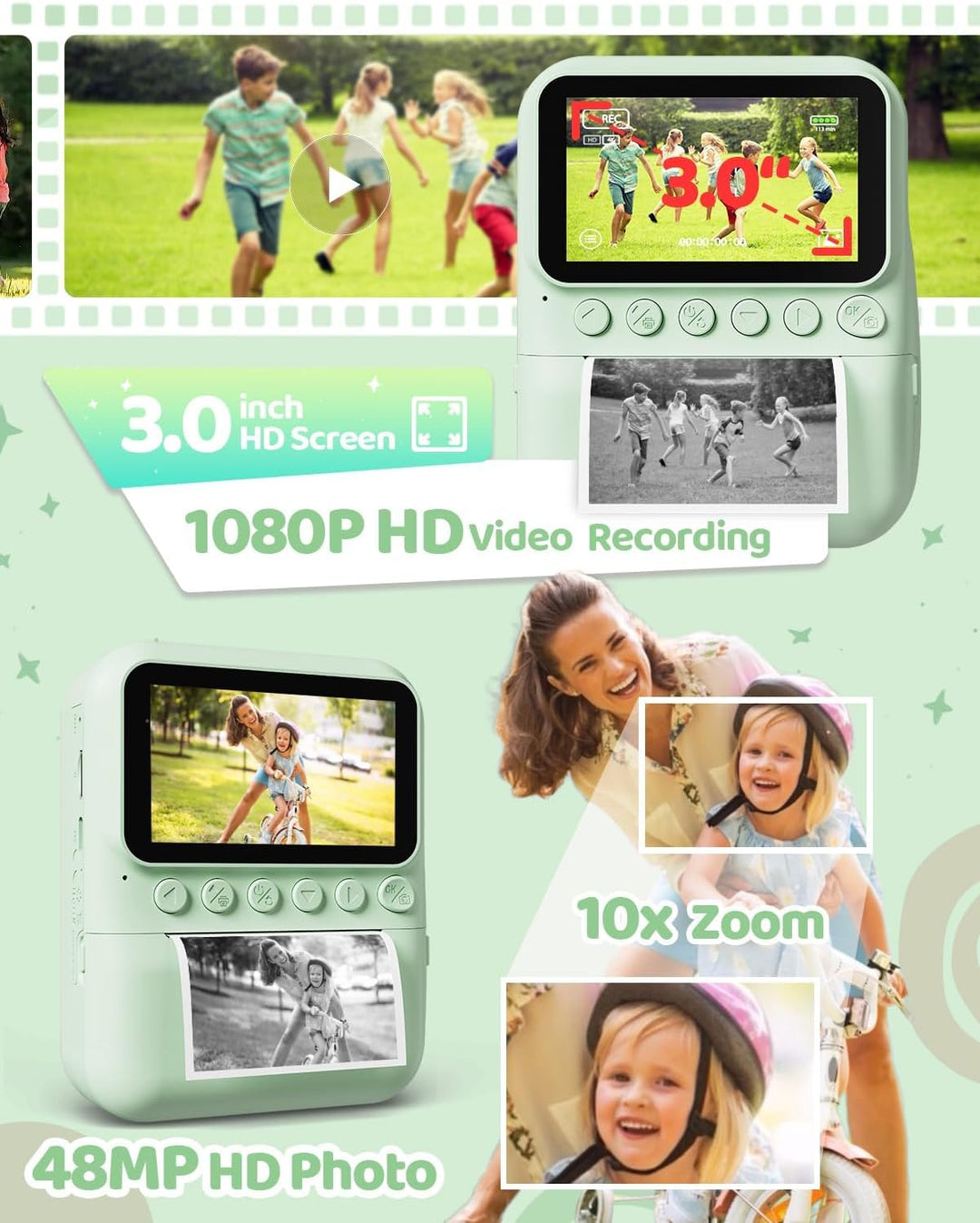 Kinderkamera Sofortbildkamera, 48MP 3.0 Zoll Sofortbildkamera Kinder mit 32G Karte & 3 Rollen Druckp