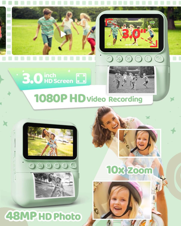 Kinderkamera Sofortbildkamera, 48MP 3.0 Zoll Sofortbildkamera Kinder mit 32G Karte & 3 Rollen Druckp