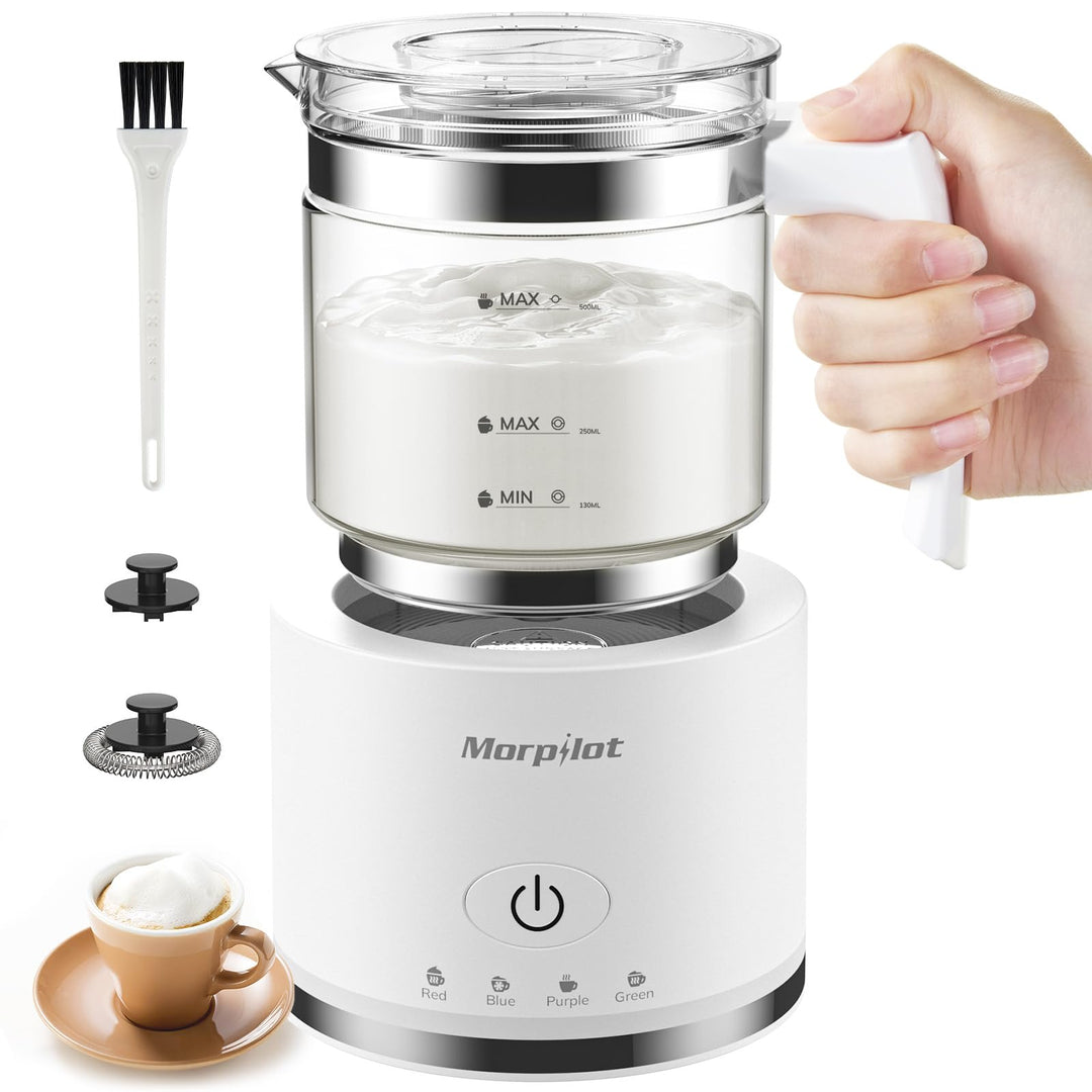 Morpilot Elektrischer Milchaufschäumer 4 in 1, 500 ml, 600 W, Milchaufschäumer aus Glas, warm und ka