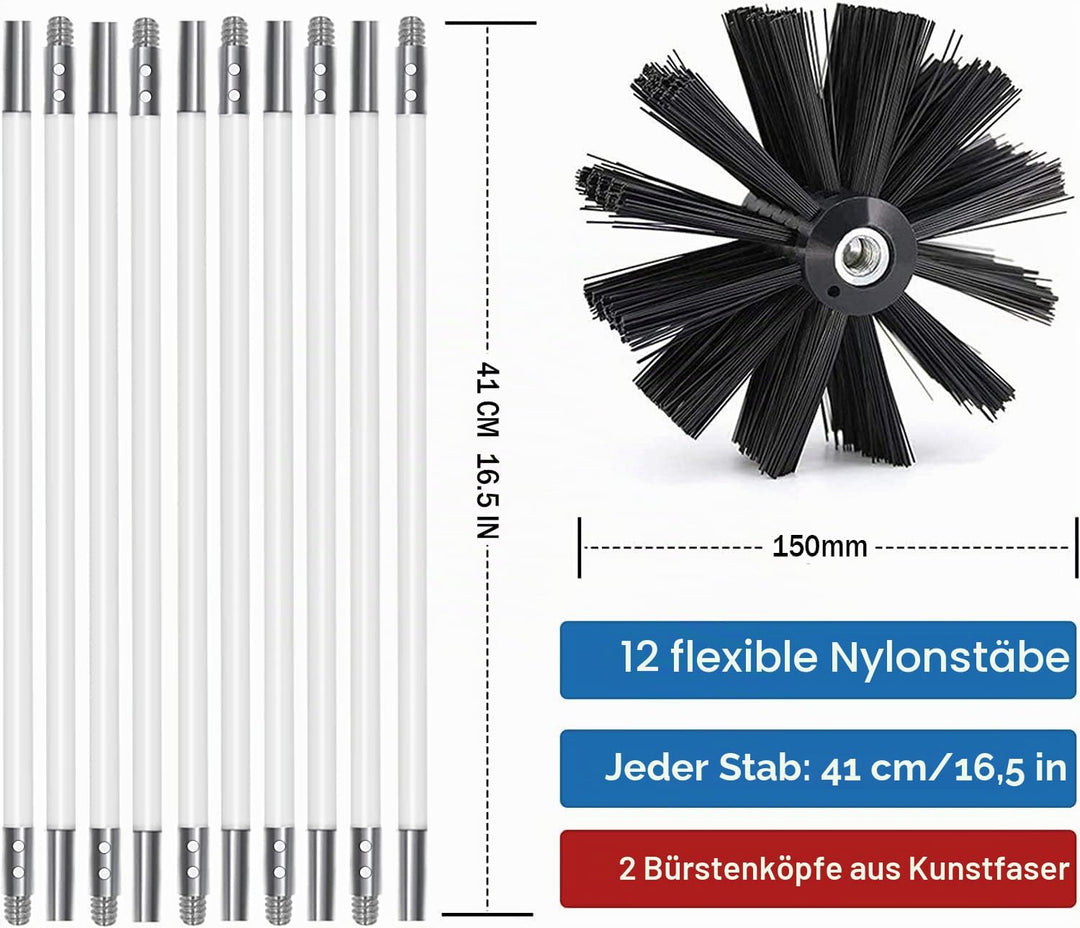 Kaminbürste Stange Set, Durchmesser 150mm, Kaminbürste enthält 12 Flexible Stangen 410mm und 2 Bürst