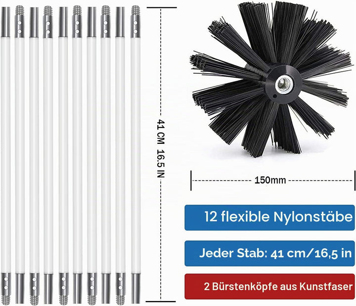 Kaminbürste Stange Set, Durchmesser 150mm, Kaminbürste enthält 12 Flexible Stangen 410mm und 2 Bürst