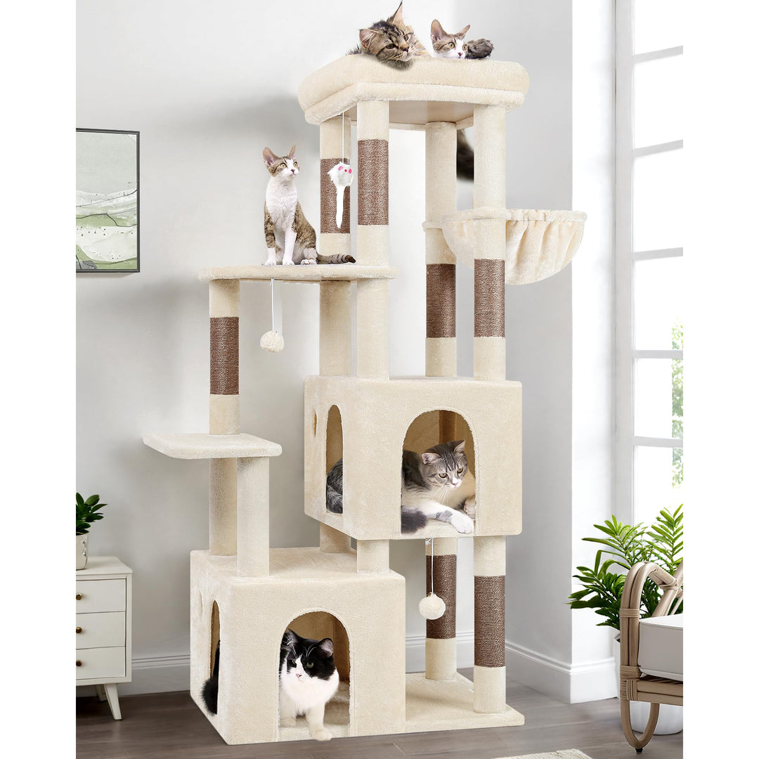 Globlazer Kratzbaum Beige für 3-5 Grosse Katzen 156 cm mit 2 Extragross Katzenhaus 45*40*35CM, Gross