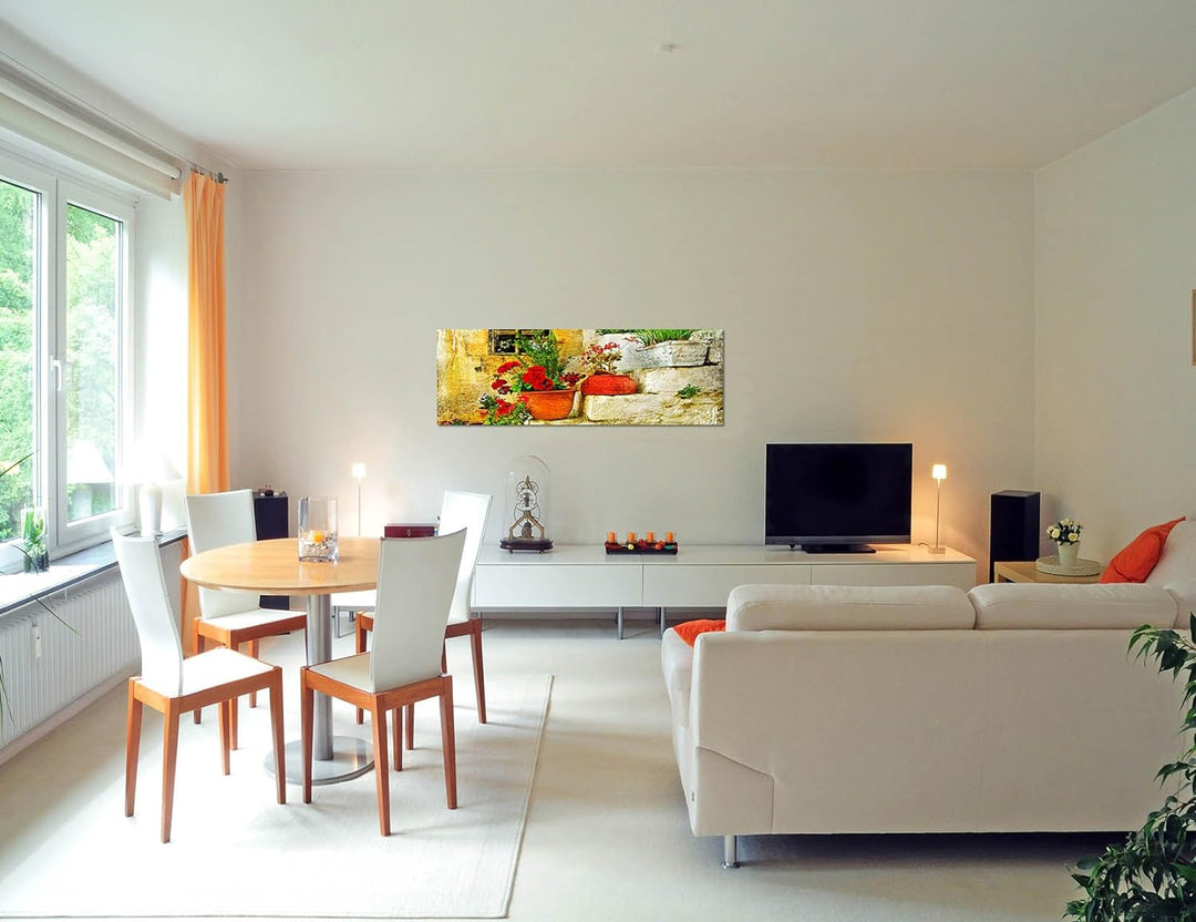 Paul Sinus Art Panoramabild auf Leinwand und Keilrahmen 120x40cm Steinhaus Treppe Blumen Griechenlan