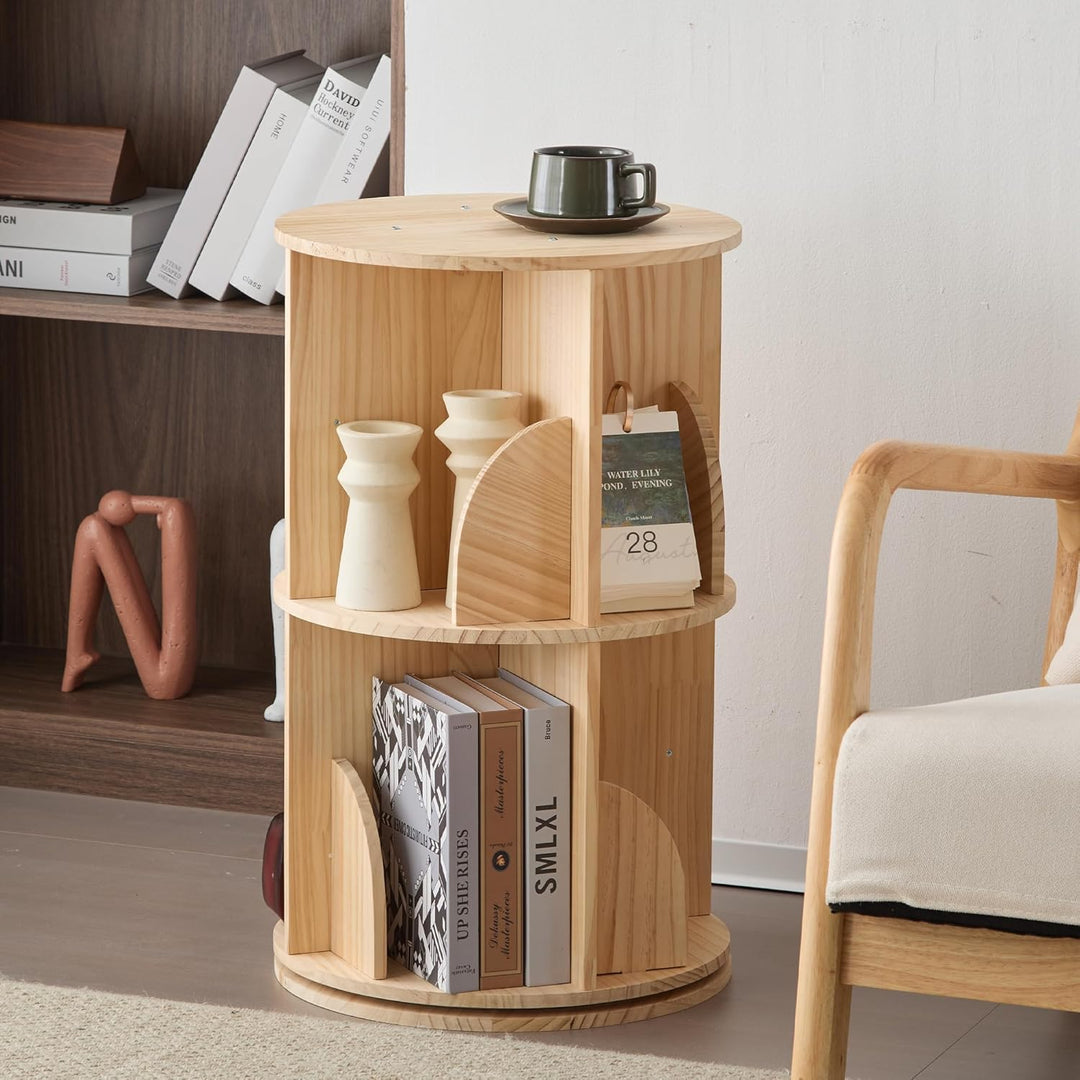 Mingone Bücherregal Kinder 360° Drehbar, 2-Ebenen Drehregal aus Massivholz, Standregal & Schreibtisc