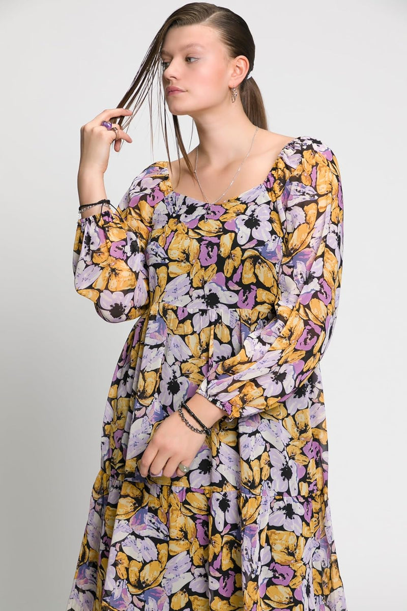 Studio Untold Damen grosse Grössen Übergrössen Plus Size Blumen-Kleid, A-Line, Carree-Ausschnitt, La