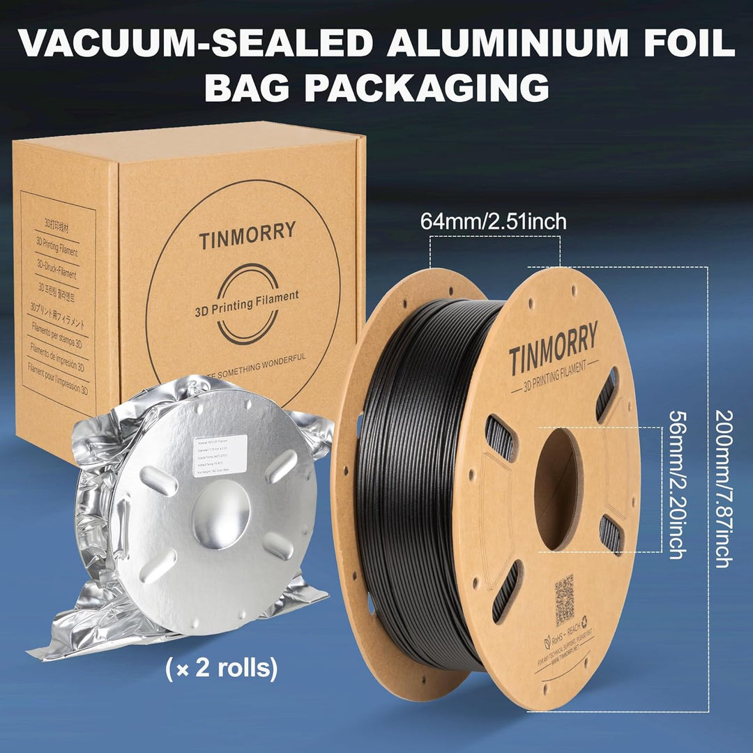 TINMORRY Kohlefaser Filament 1.75mm, PETG-CF 3D Druck Filament, 1 KG x 2 Spulen, Schwarz 2 Rollen-PE
