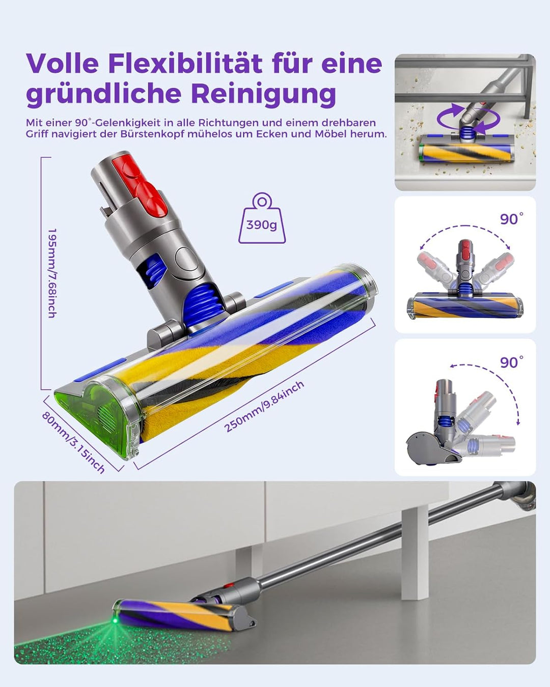 V15 Fluffy Optic Reinigungskopf für Dyson V15 V11 V10 V8 V7, Stauberkennung mit grünem Licht, Weichw