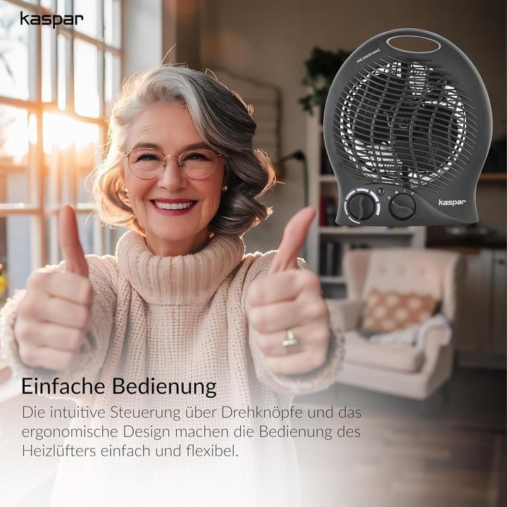KASPAR Heizlüfter Klein Kompakt Thermoventilator Elektroheizer 1000 W 2000 W Mit Ventilatorfunktion