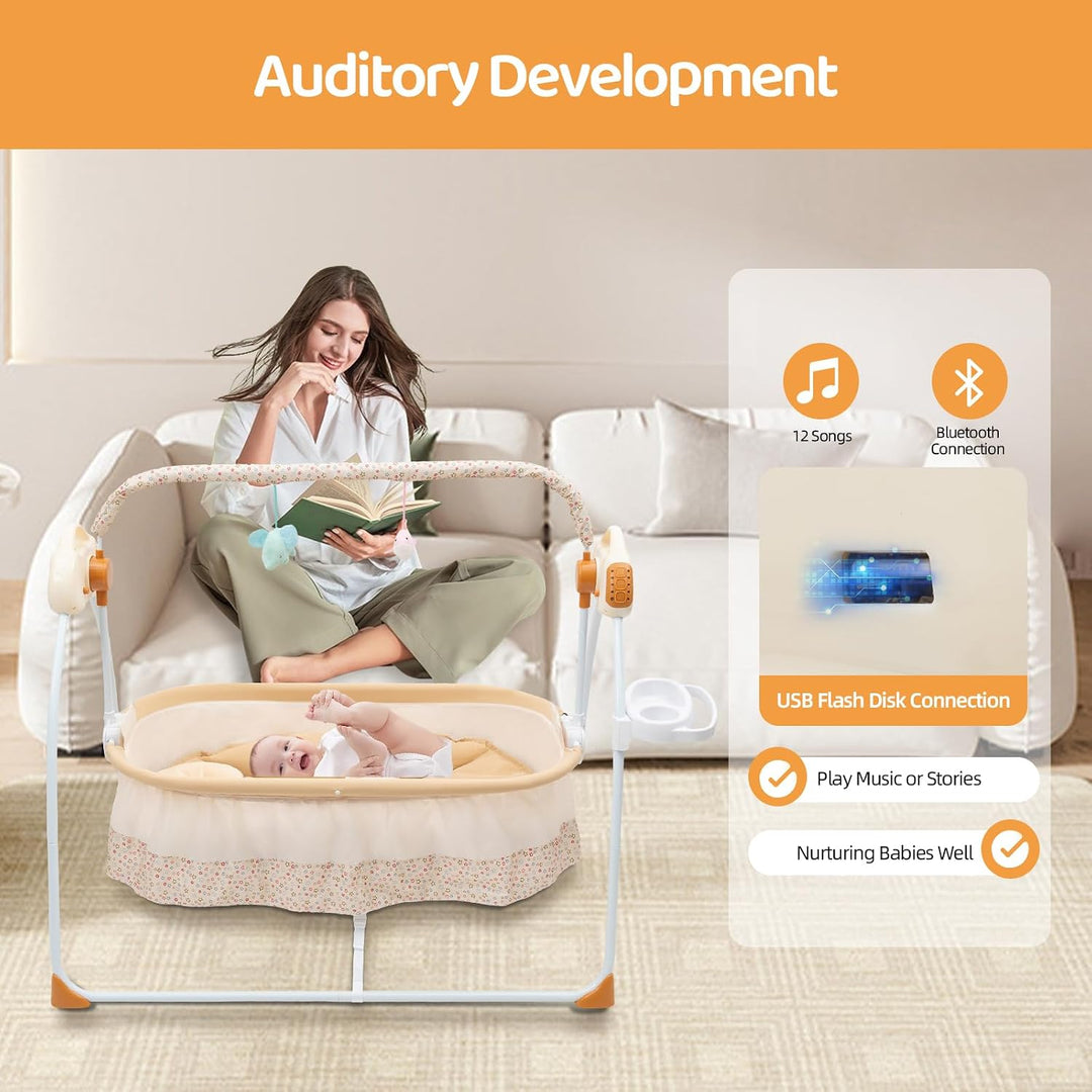 Babywiege elektrisch mit Bluetooth &amp; 12 Liedern, Babyschaukel 5 Geschwindigkeiten &amp; Timer 8-60 Min –