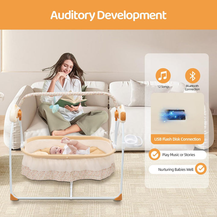 Babywiege elektrisch mit Bluetooth &amp; 12 Liedern, Babyschaukel 5 Geschwindigkeiten &amp; Timer 8-60 Min –