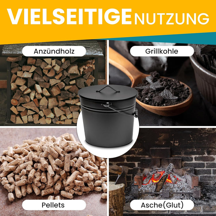 ORA-TEC XL Ascheeimer mit Deckel - Kohleeimer 24 Liter aus Stahlblech im Schwarz - Kamineimer mit De