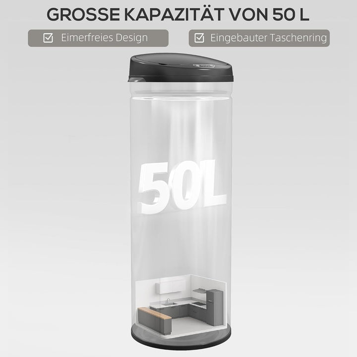 HOMCOM Mülleimer mit Sensor 50L Edelstahl Automatischer Leiser Mülleimer mit Soft-Close-Deckel, Bewe