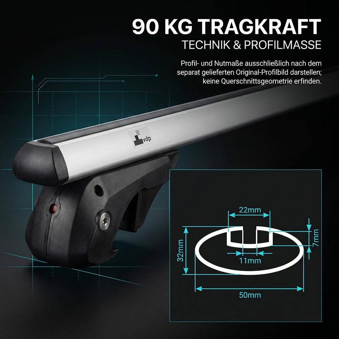 Dachträger universal - VDP Aluminium Relingträger 120 cm für offene Dachreling, universal Dachträger