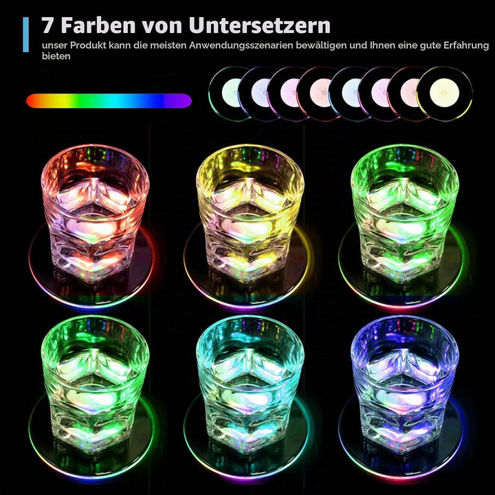 8 Stück LED Untersetzer: Ø 10cm Leuchtuntersetzer Rund aus Acryl, Wasserdicht mit 7 Farbmodi &amp; ON/Of
