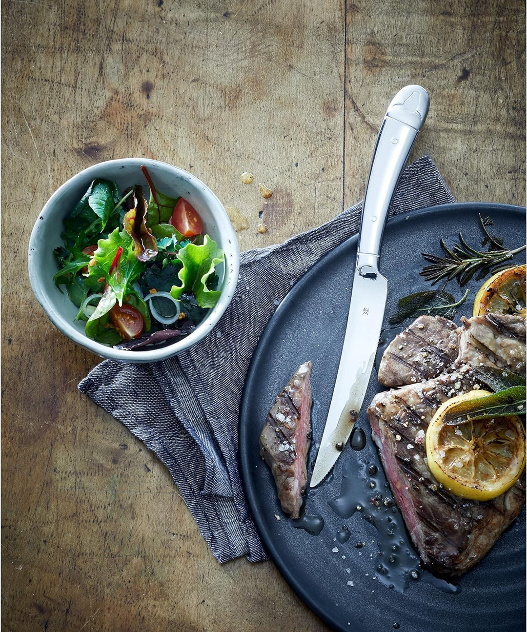 WMF Steakmesser Set 6-teilig, Pizzamesser, Cromargan Edelstahl poliert, Wellenschliff, spülmaschinen
