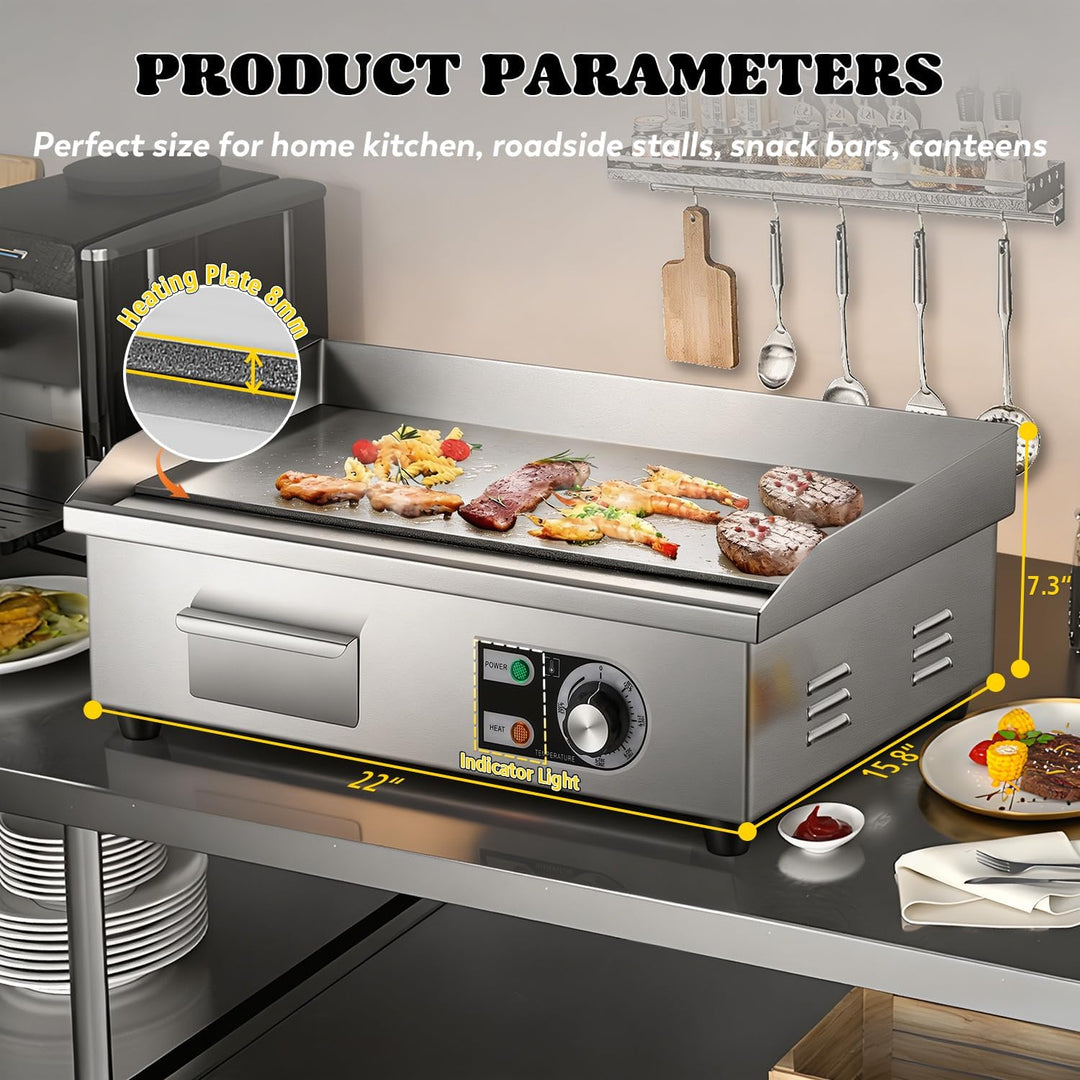 Moongiantgo 22" Kommerzielle Elektrische Grillplatte 3000W, Edelstahl Flachgrill mit abnehmbarer Ölb