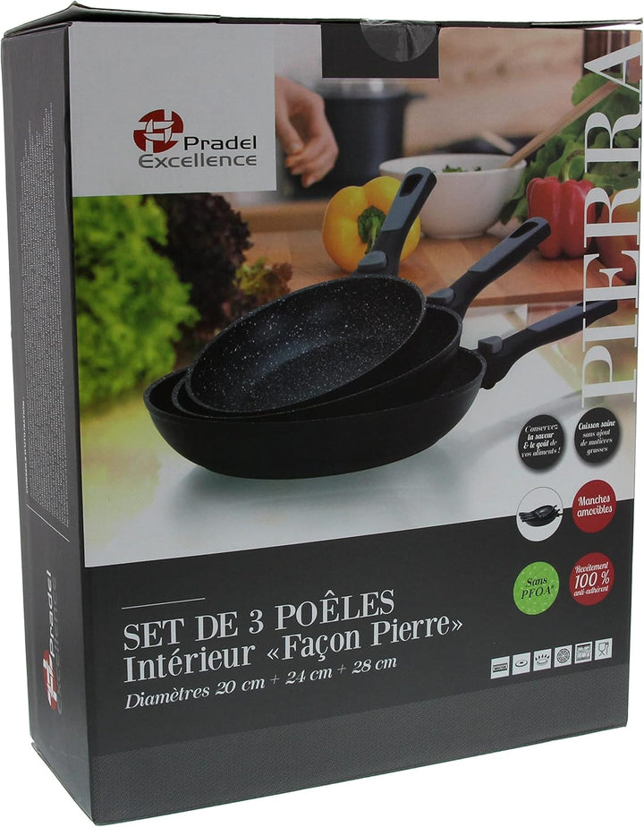 Pradel Excellence - Set mit 3 Pfannen – mit abnehmbaren Griffen – Antihaftbeschichtung in Steinoptik