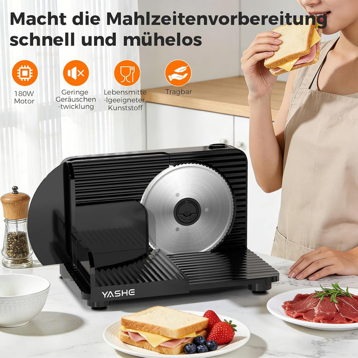 YASHE Faltbarer Elektrischer Allesschneider, 180W Brotschneidemaschine, Mit Einstellbarer Dicke 0–15