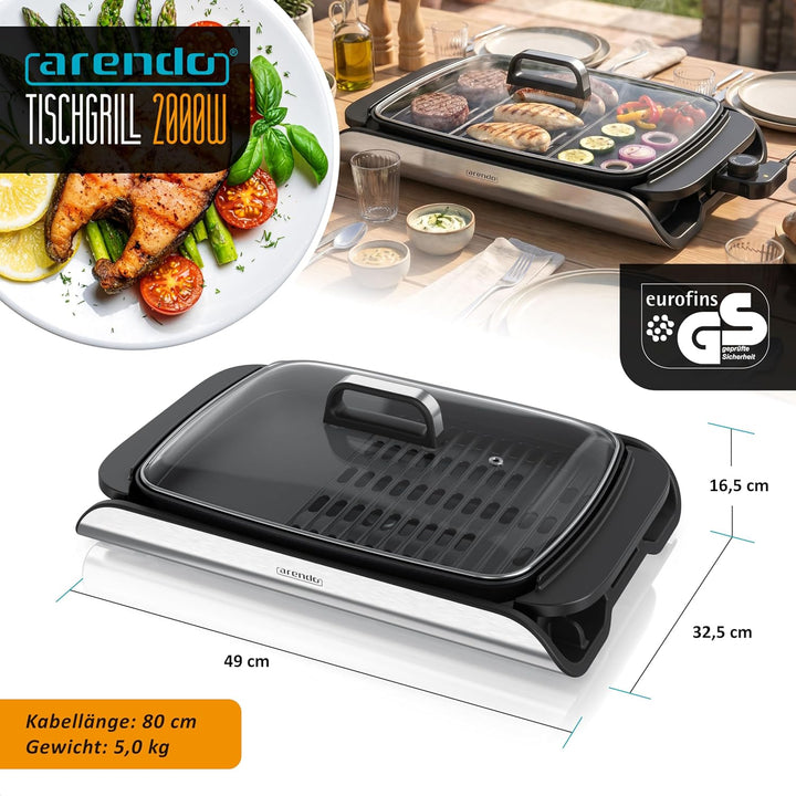 Arendo - Tischgrill Elektrogrill Edelstahl - mit Glasdeckel – extrastark 2000 Watt - Steaks, Würstch