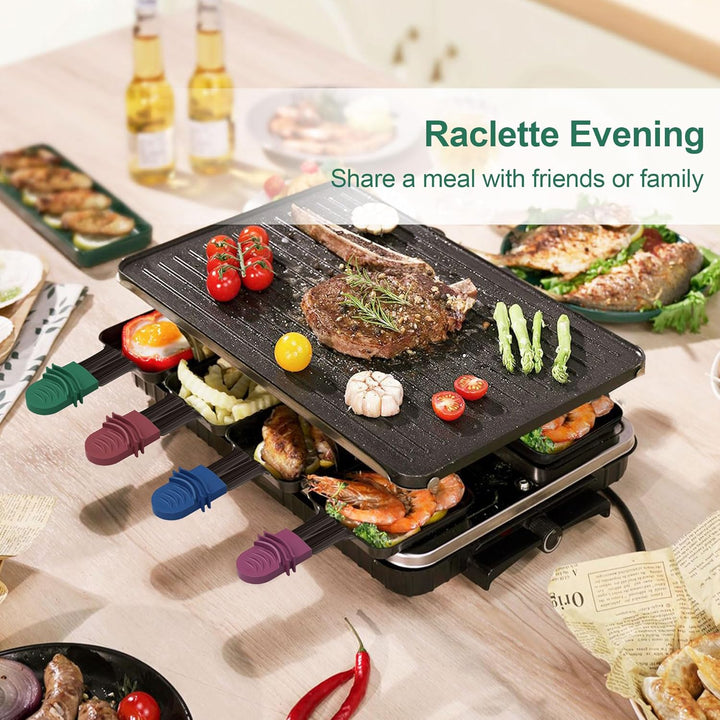 IPOW 4er-Set Quadratische Raclette-Pfännchen mit Farbcodierten Griffen + Holzspatel – Super Antihaft
