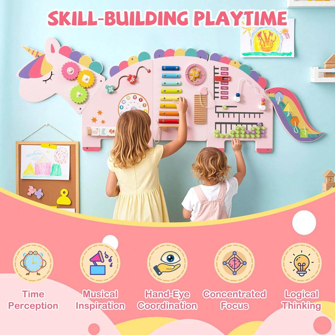 FANTASK Motorikbrett Holz, Montessori Busy Board 11 in 1 mit Xylophon Blöcken Abakus für frühe Förde