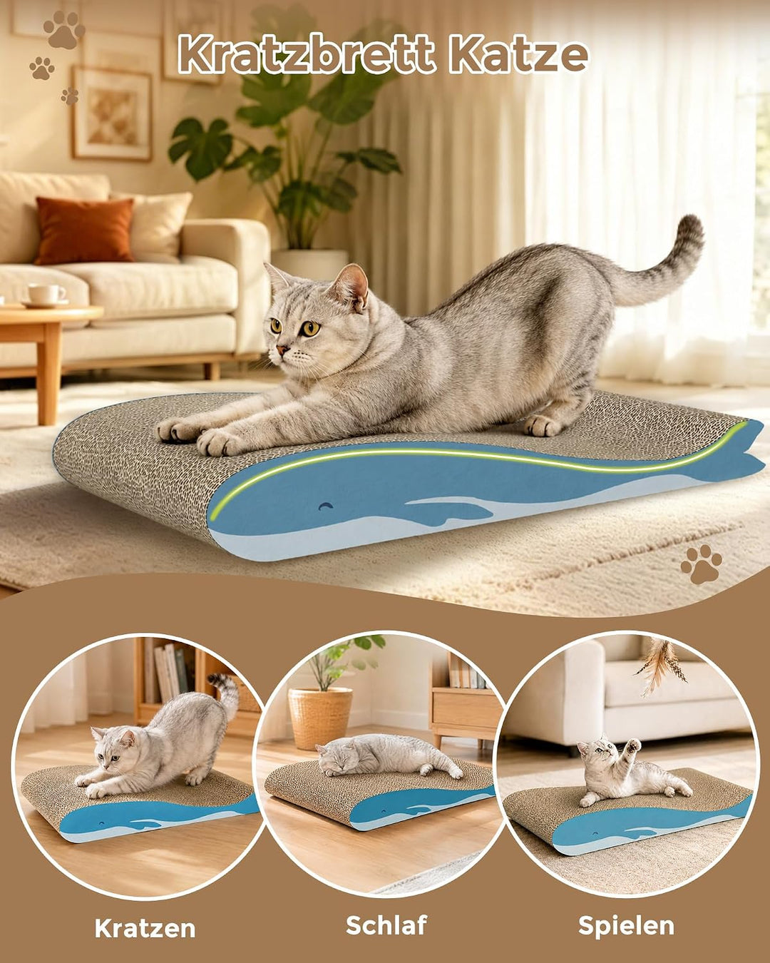 Kratzbrett Katze 2er-Set, Gebogenes Doppelseitig Nutzbare Kratzpappe für Katzen, 42x30x6,5cm grosses