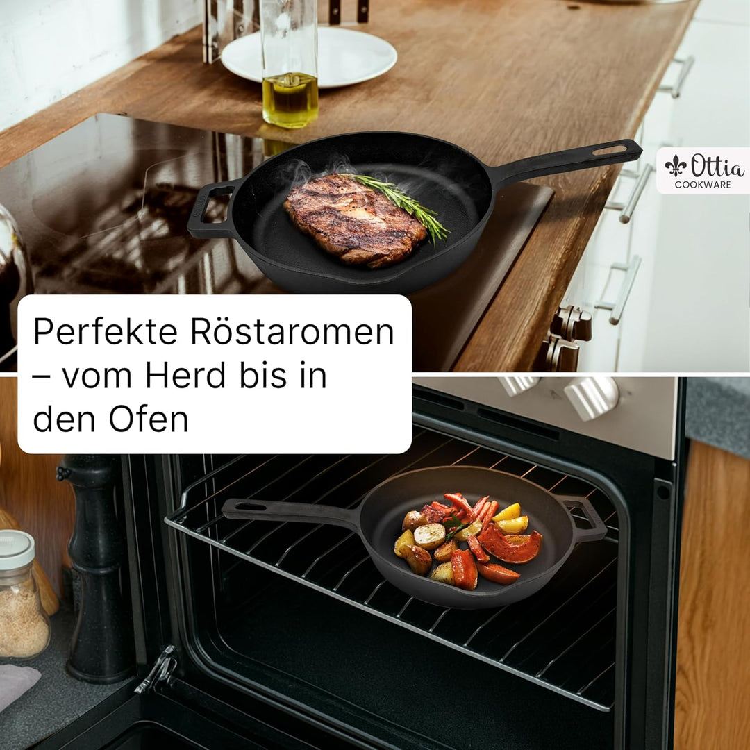 Ottia reine Gusseisenpfanne Induktion 28cm (ungeschliffen), kratzfest, frei von PFOAS und co, inkl e