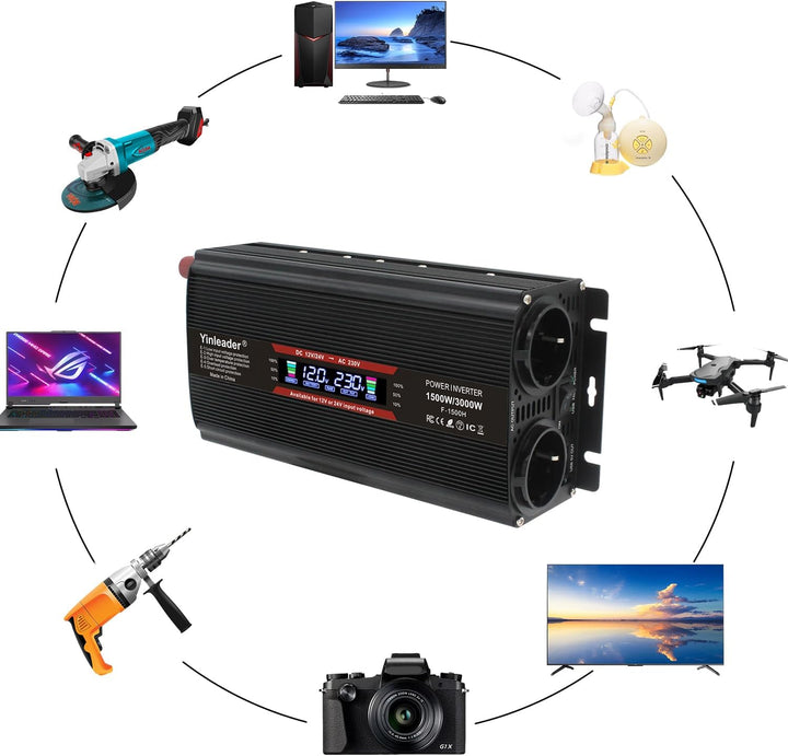 Yinleader Spannungswandler 12V/24V auf 230V 1500W / 3000W Wechselrichter mit 2 EU Steckdosen 1 USB u
