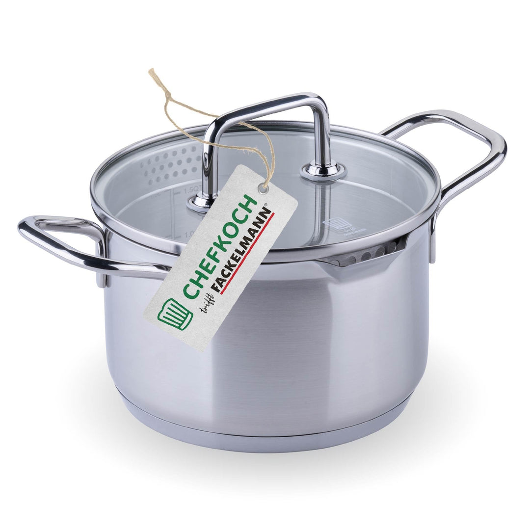 Chefkoch trifft Fackelmann Kochtopf mit Glasdeckel Ø16 cm – 2,0 L Volumen, 1,5 L Füllmenge mit Innen