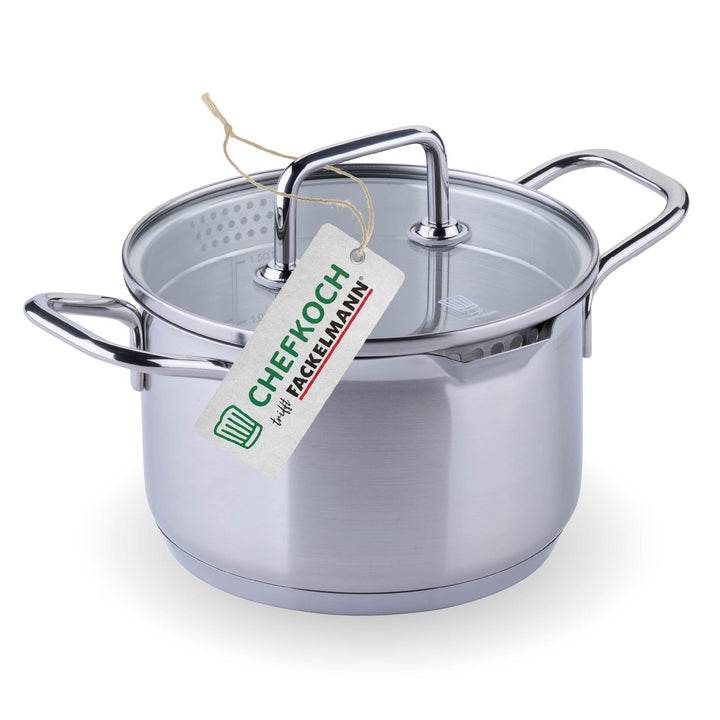 Chefkoch trifft Fackelmann Kochtopf mit Glasdeckel Ø16 cm – 2,0 L Volumen, 1,5 L Füllmenge mit Innen