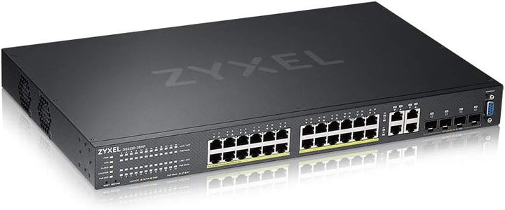 Zyxel Gigabit Ethernet Layer 2 Managed PoE+ Switch mit 24 Ports, einem Budget von 375 W, vier Gigabi