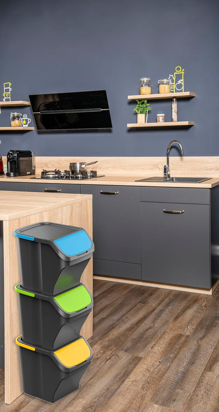 Gardissimo Stack Mülleimer Set, 3 Fächer, 3 x 25 Liter | Küche Stapelbox, Mülltonnenbox 3er, Mit Dec