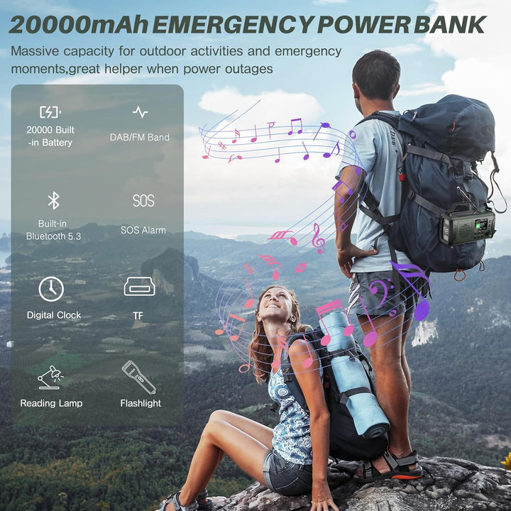 Kurbelradio DAB FM 20000mAh, Notfallradio DAB Plus Kurbel Solar, Solar Radio Notfall mit Bluetooth &
