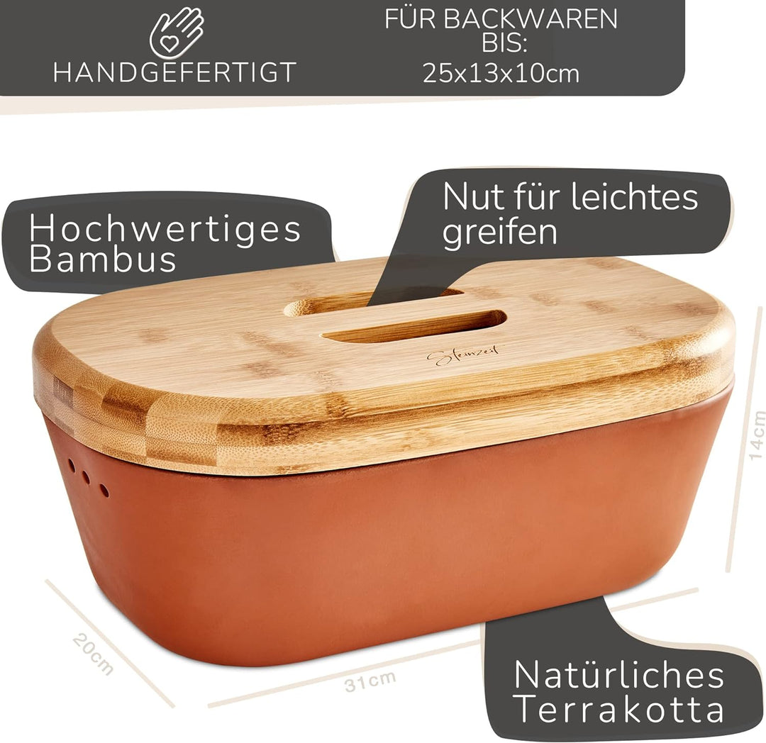 Steinzeit Design Brotkasten - Brotbox aus atmungsaktivem Ton – Brotkasten Keramik mit edlem Bambusde