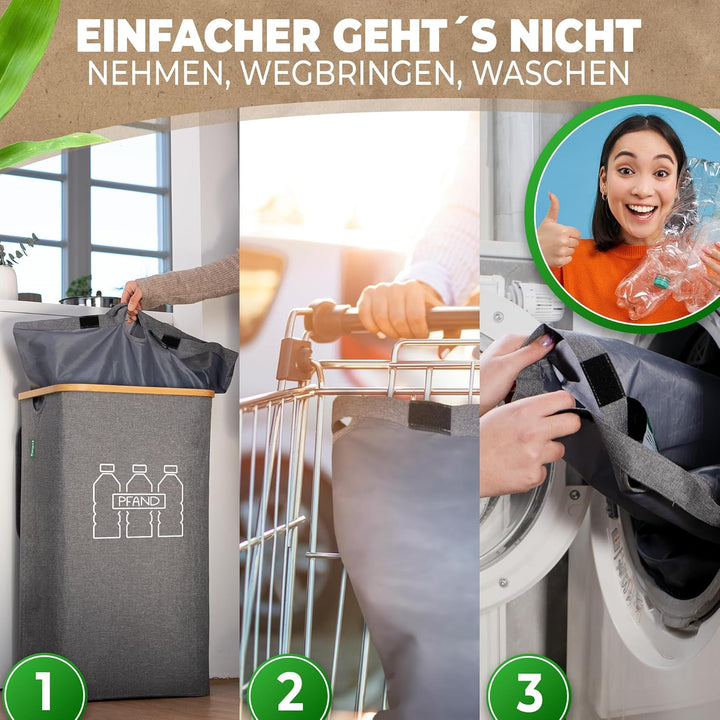 COTTARA® Pfandflaschen Sammelbehälter mit Deckel und Tragetasche | Pfandbehälter mit Loch drehbar |