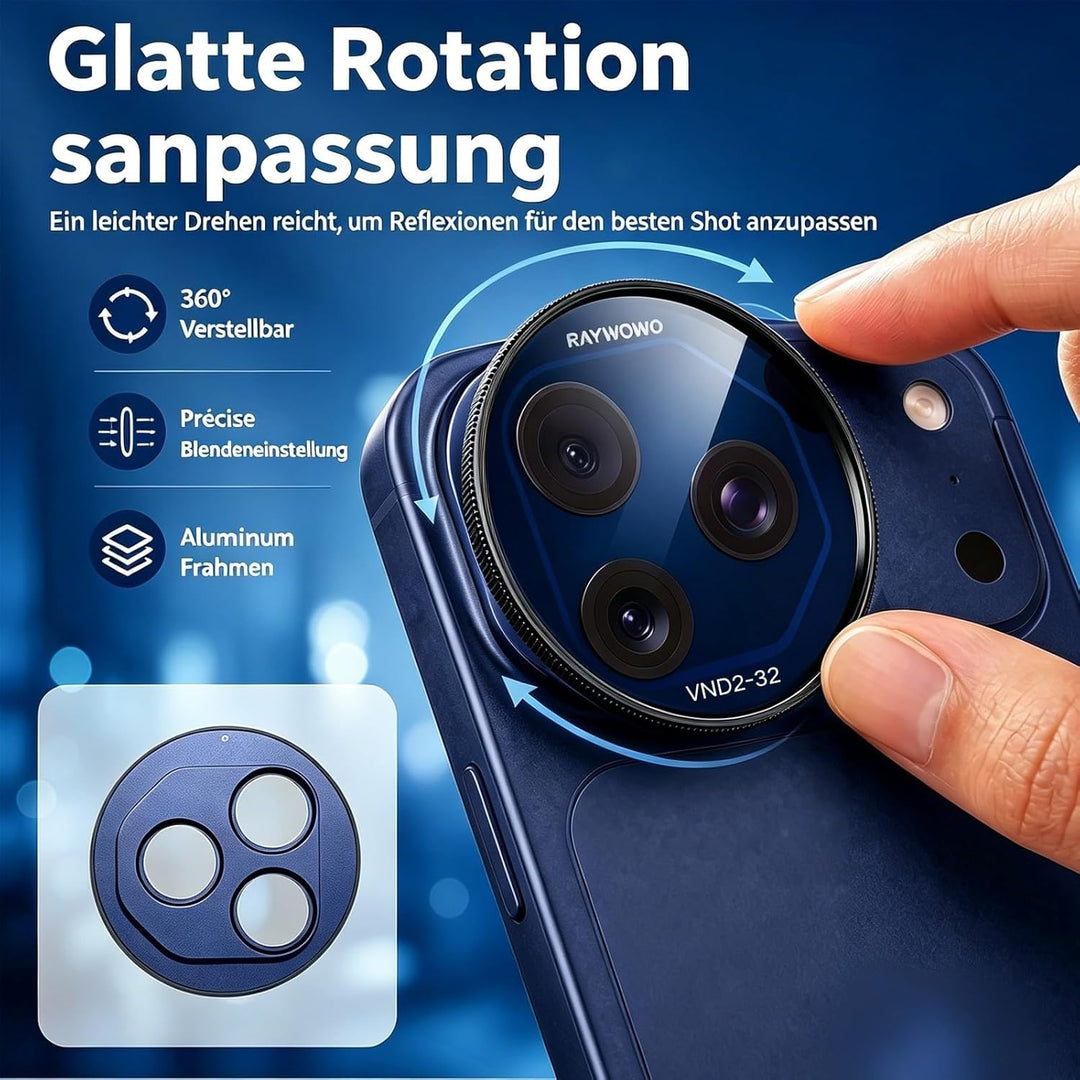 Snap-On Verstellbarer ND-Filter VND2-32 für iPhone 17 Pro & Pro Max, 11,2g Ultraleichter Kamera Grau