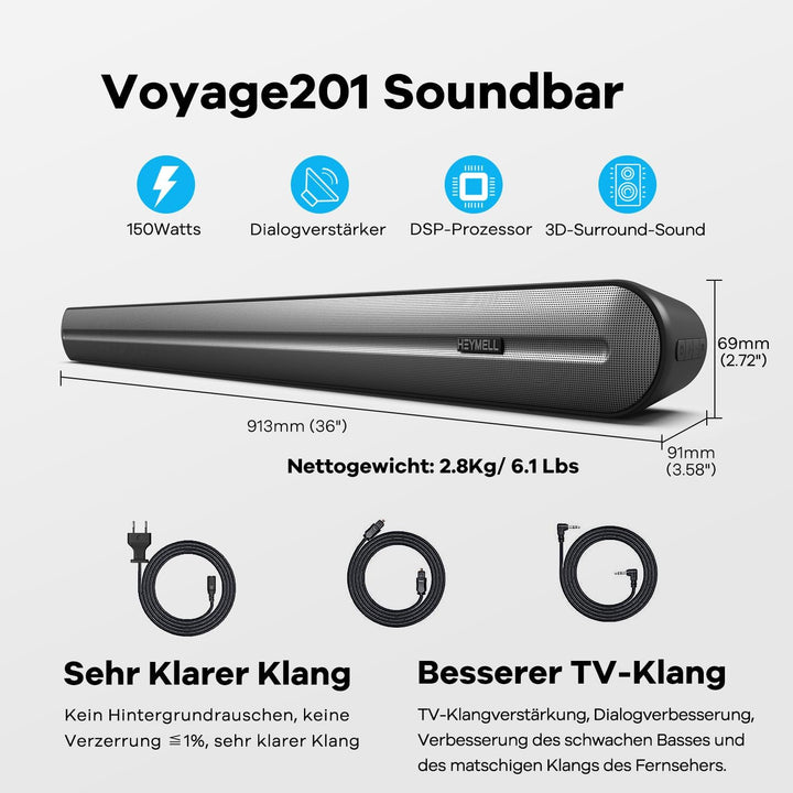 Heymell Soundbar 2.1 150W Soundbar für TV Geräte, 6X Lautsprecher TV Soundbar Dialog-Verbesserer, kl