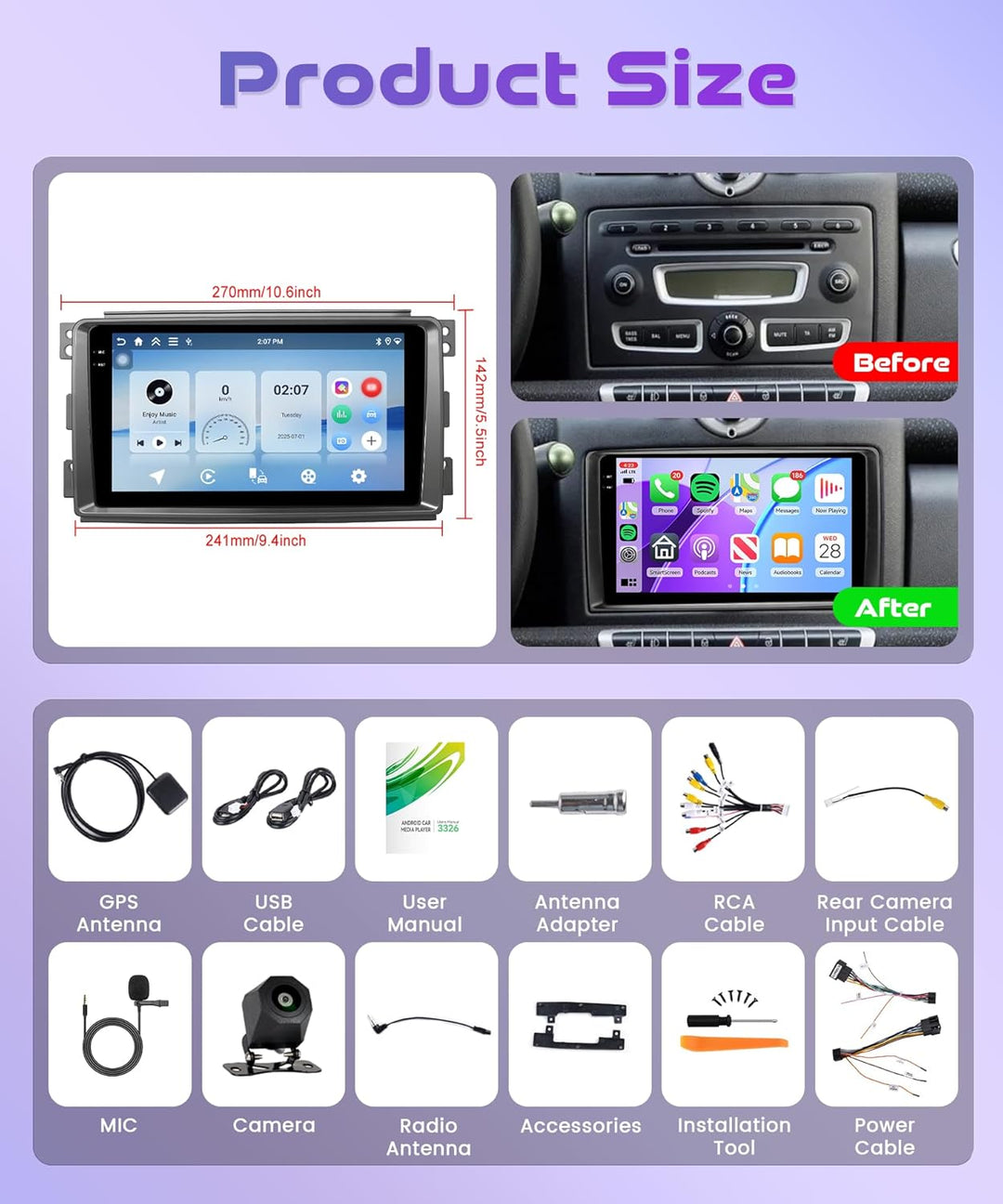 4G+128G Wireless Carplay Android 15 Autoradio für Mercedes Benz Smart Fortwo 451 2005-2010 9 Zoll In