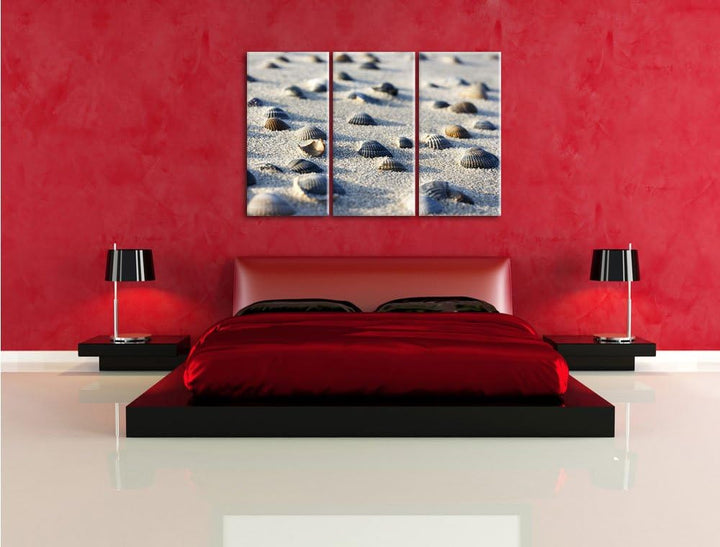 Pixxprint Muscheln im Sand als Leinwandbild | Grösse: 3 Teilig (120x80) | Wandbild| Kunstdruck | fer