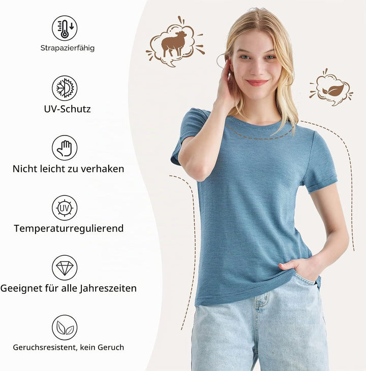Merino Protect 100% Merino Wolle Shirt Damen Kurzarm Rundhals Wolle Unterhemd Geruchsresistenz Funkt