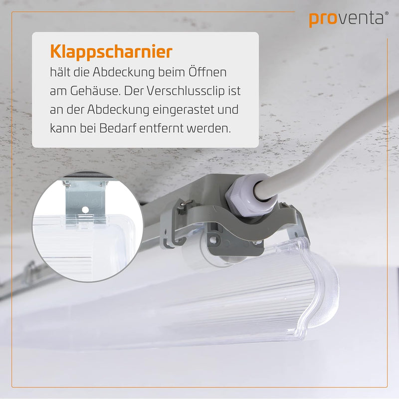 proventa IP65 LED-Feuchtraumleuchte 120cm mit 18W LED-Röhre 2.160 Lumen Klappdeckel Steckklemme Kabe