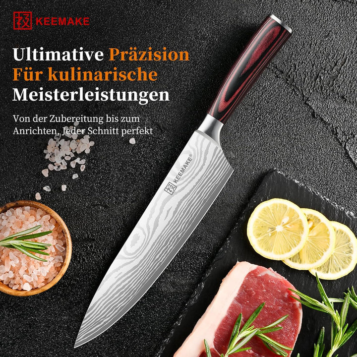 KEEMAKE Küchenmesser Kochmesser 20cm, Profi Messer Küche aus Edelstahl mit Klingenschutz, Scharf Fle