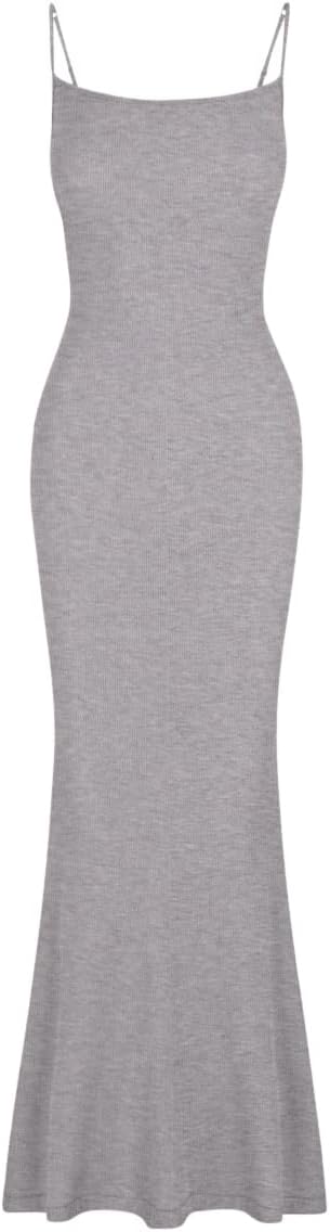 REORIA Damen Sexy Lounge Slip Langes Kleid Elegantes Hochzeitsgast ärmelloses rückenfreies Geripptes