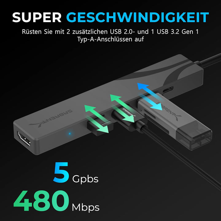 SABRENT Multi-Port-USB-C-Hub mit HDMI 4K@60 Hz, 3X USB-Anschlüsse, unterstützt Power Delivery (PD3.0