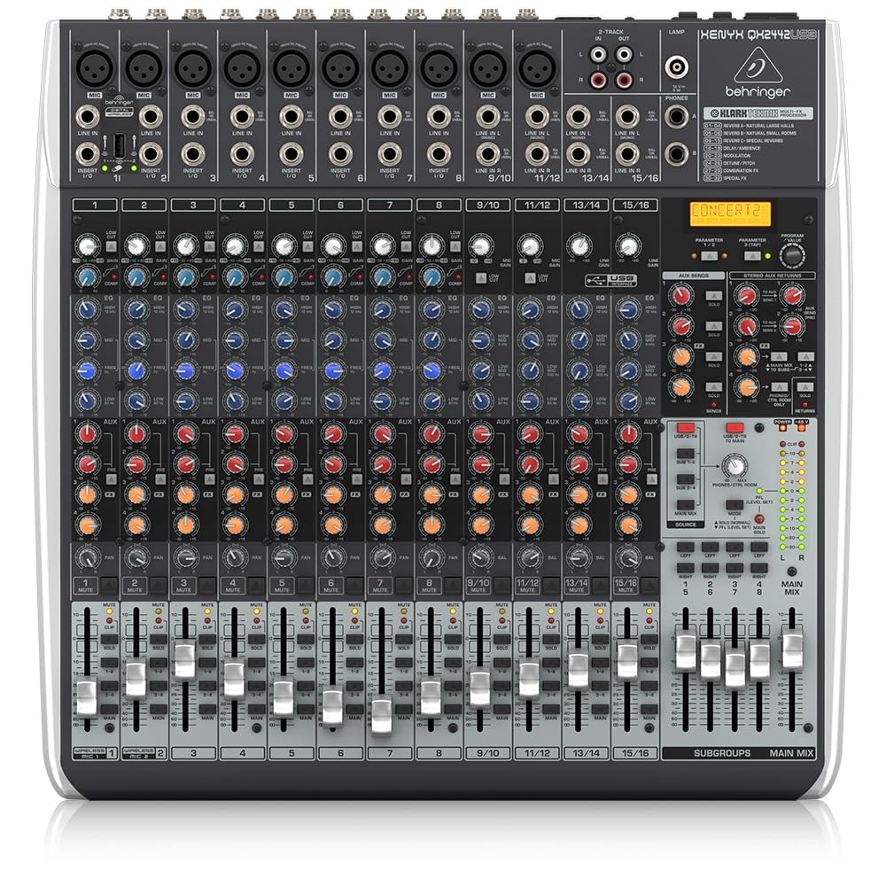 Behringer XENYX QX2442USB Premium 4/2-Bus-Mixer mit 24 Eingängen, XENYX-Mikrofonvorverstärkern und -