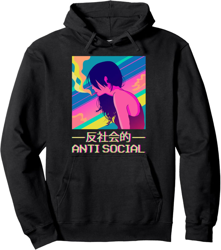 Anti-Social Smoking Anime Girl Japanese Vaporwave Aesthetic Pullover Hoodie