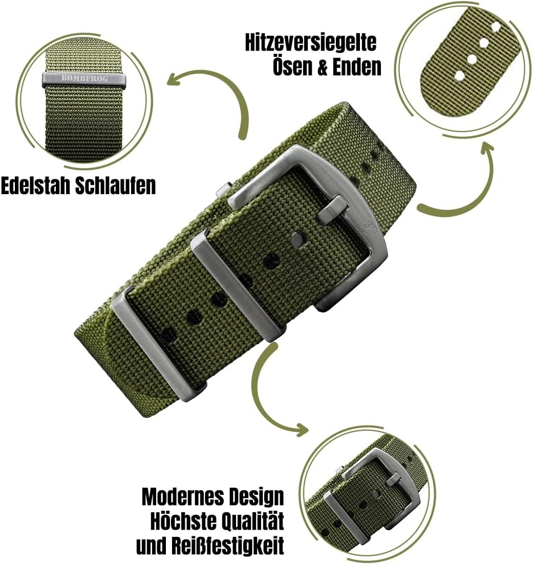 BOMBFROG NATO Strap Uhrenarmband Nylon, Dornenschliesse - Uhrenarmbänder 18 mm 20mm 22mm 24mm, Uhren