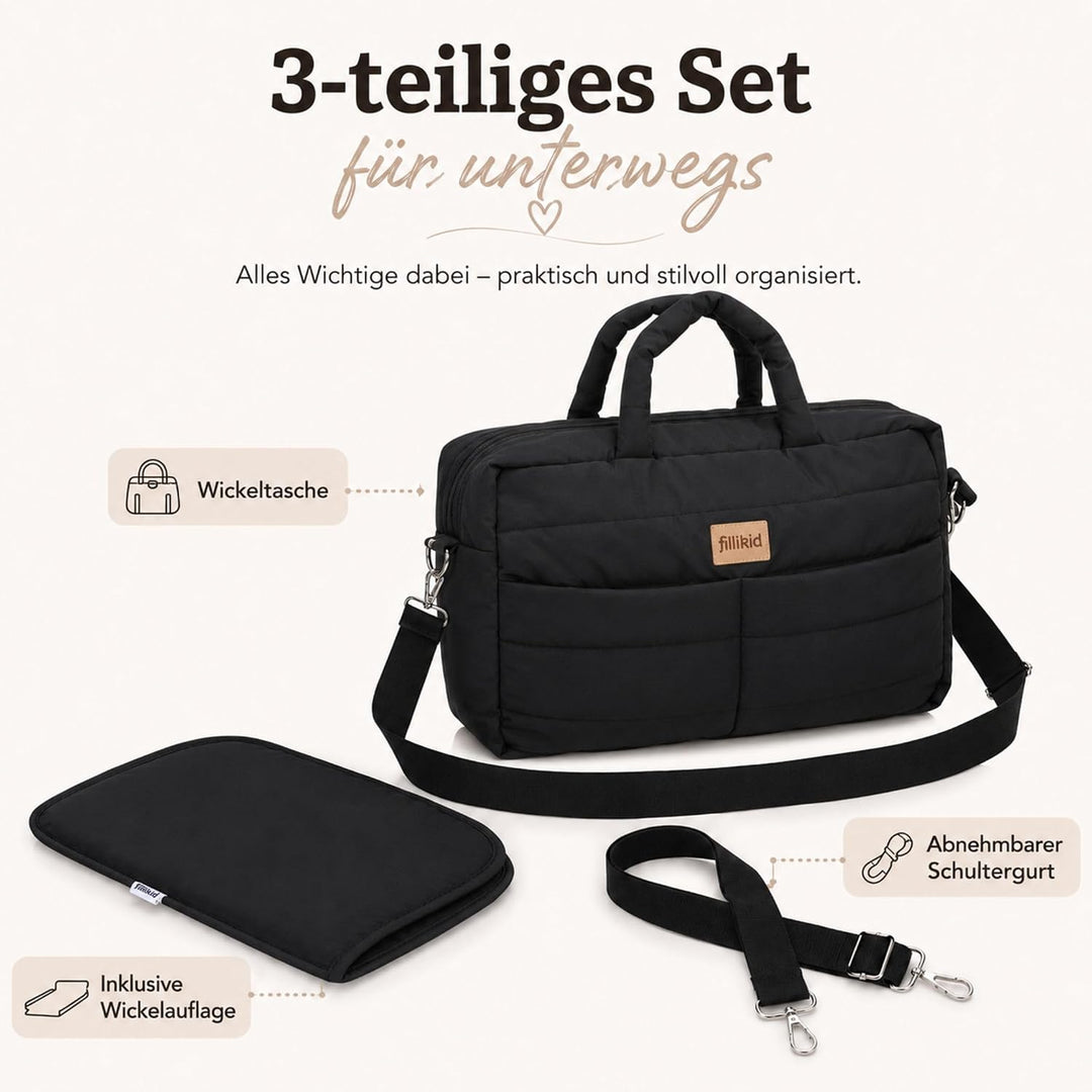 Fillikid Wickeltasche Toulouse Exklusiv | Inkl. Wickelauflage | Grosse Windeltasche mit Schultergurt