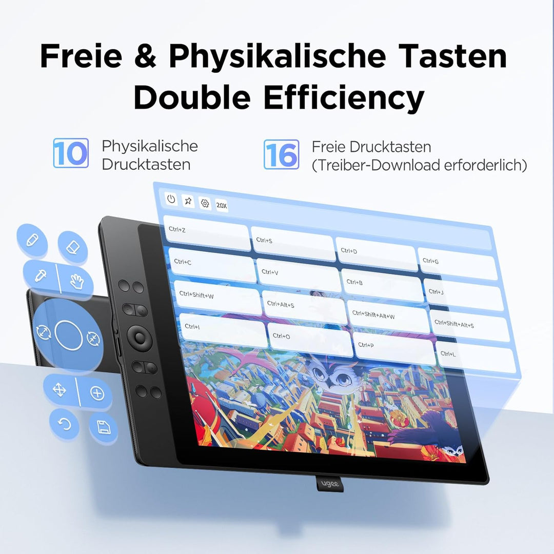 ugee Grafiktablett mit Display, UE16 FHD IPS 15.4 Zoll Grafiktabletts mit 143% sRGB Bildschirm, 16K