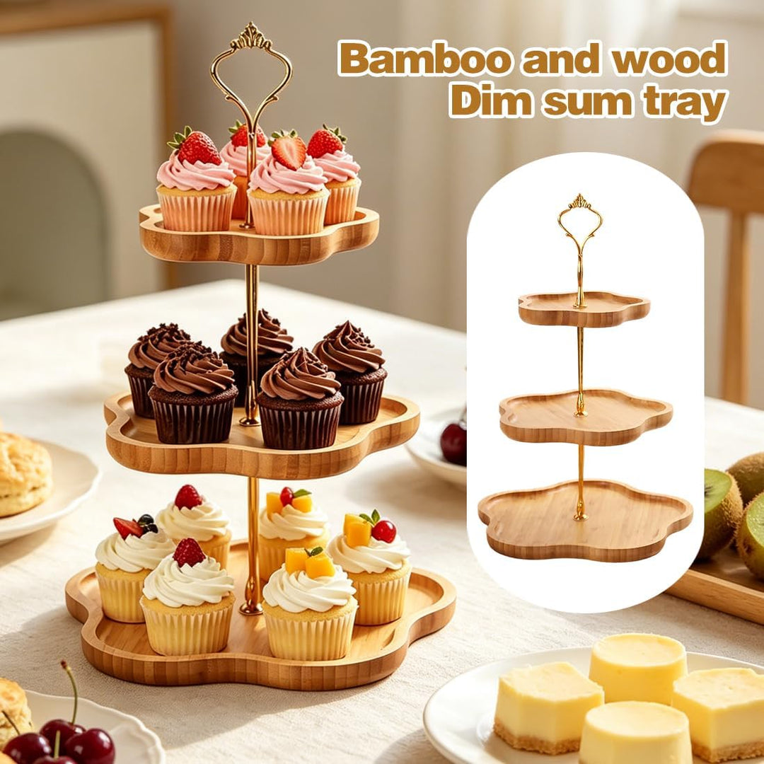 Etagere 3 Etagen aus Bambus, Cupcake Ständer 30 25 20 cm, Tortenständer Holz mit Metallgriff, Servie